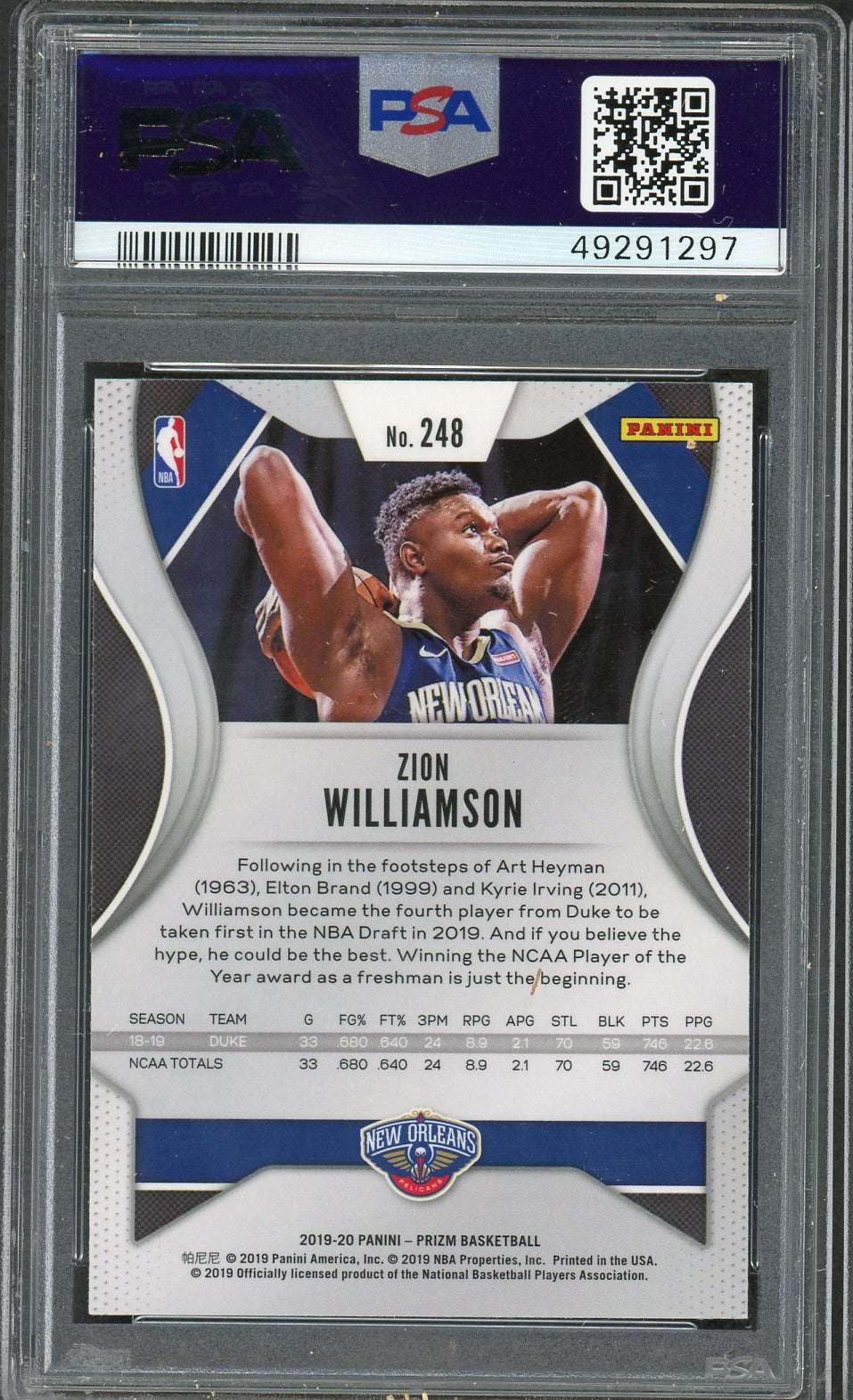 Zion Williamson 2019 Panini Prizm Basketball Rookie Card RC #248 Graded PSA 10 GEM MINT-Powers Sports Memorabilia